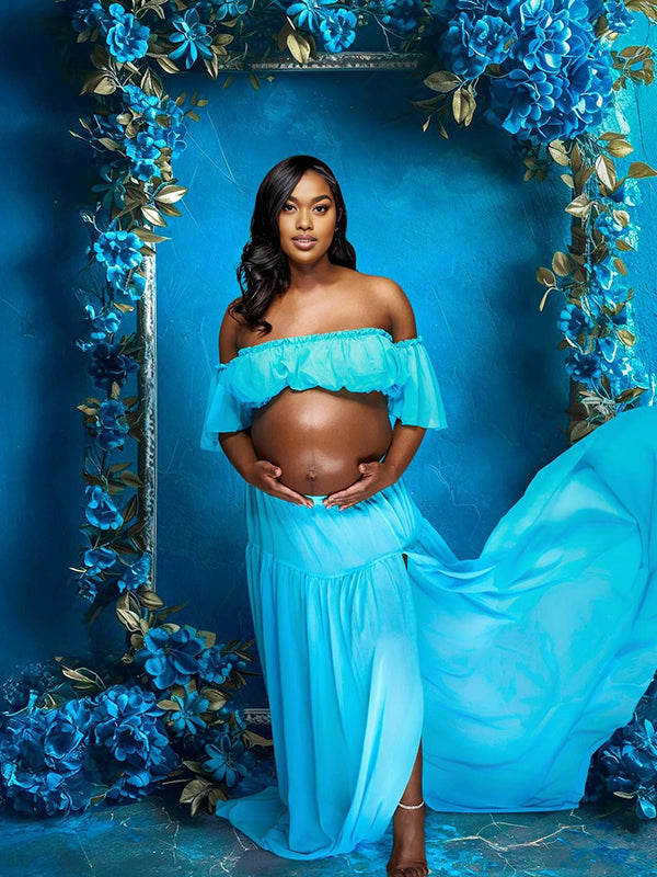 Momnfancy 2-in-1 Boat Neck Side Slit Trailing Maternity Maxi Dress