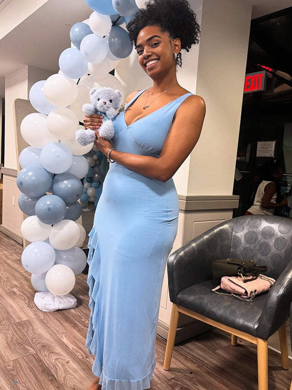 Momnfancy Falbala Side Slit Bodycon Plunging Neckline Baby Shower Maternity Maxi Dress
