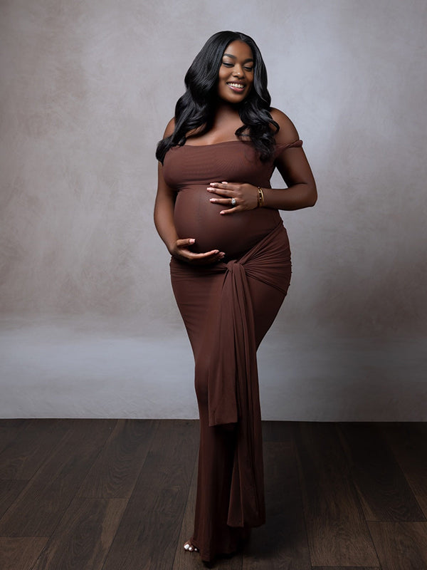 Momnfancy Boat Neck Twist Off-shoulder Ruched Bodycon Maternity Maxi Dress