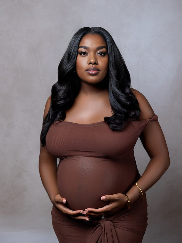 Momnfancy Boat Neck Twist Off-shoulder Ruched Bodycon Maternity Maxi Dress