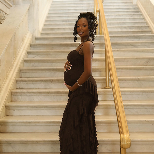 Momnfancy Spaghetti Strap Falbala Mermaid Waist-cinching Maternity Maxi Dress