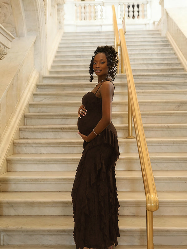 Momnfancy Spaghetti Strap Falbala Mermaid Waist-cinching Maternity Maxi Dress