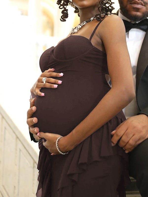 Momnfancy Spaghetti Strap Falbala Mermaid Waist-cinching Maternity Maxi Dress