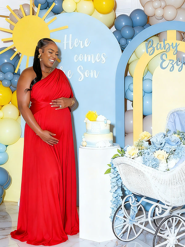 Momnfancy Oblique Shoulder Off-shoulder Ruched Evening Gowns Baby Shower Maternity Maxi Dress