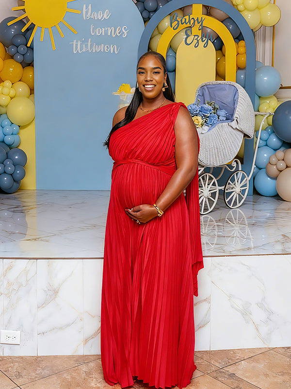 Momnfancy Oblique Shoulder Off-shoulder Ruched Evening Gowns Baby Shower Maternity Maxi Dress