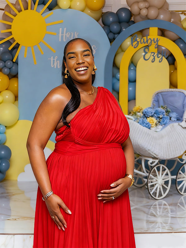Momnfancy Oblique Shoulder Off-shoulder Ruched Evening Gowns Baby Shower Maternity Maxi Dress