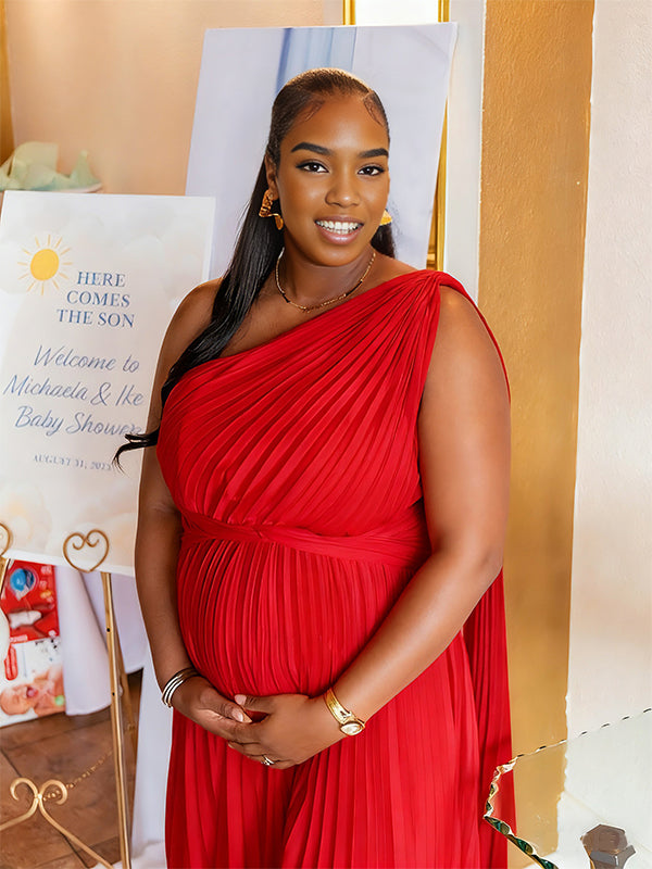 Momnfancy Oblique Shoulder Off-shoulder Ruched Evening Gowns Baby Shower Maternity Maxi Dress
