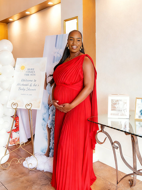 Momnfancy Oblique Shoulder Off-shoulder Ruched Evening Gowns Baby Shower Maternity Maxi Dress