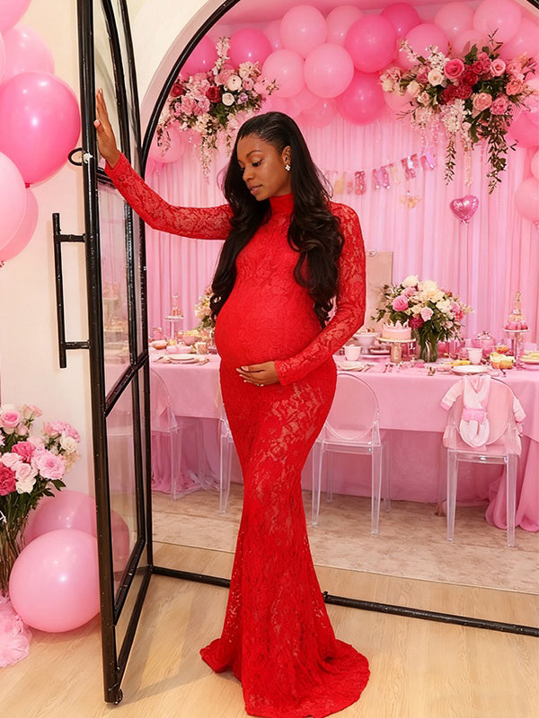 Momnfancy Lace Mermaid Splicing Bodycon Print Baby Shower Maternity Maxi Dress