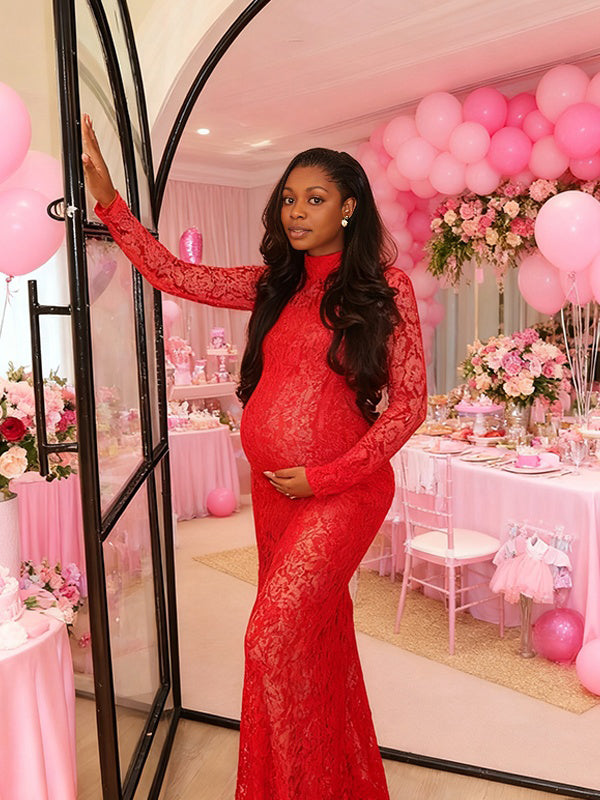 Momnfancy Lace Mermaid Splicing Bodycon Print Baby Shower Maternity Maxi Dress