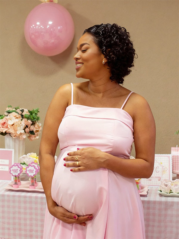 Momnfancy Spaghetti Strap A-Line Big Swing Waist-cinching Satin Evening Gowns Baby Shower Maternity Maxi Dress