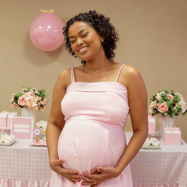 Momnfancy Spaghetti Strap A-Line Big Swing Waist-cinching Satin Evening Gowns Baby Shower Maternity Maxi Dress