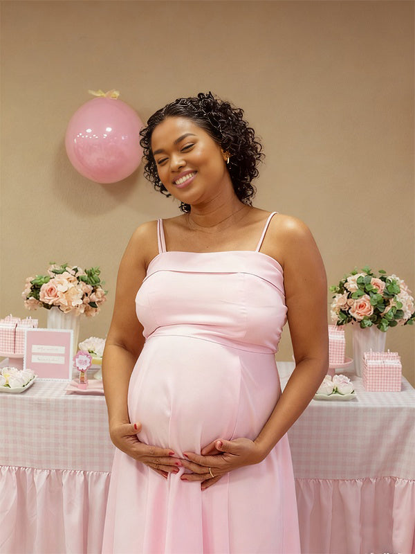 Momnfancy Spaghetti Strap A-Line Big Swing Waist-cinching Satin Evening Gowns Baby Shower Maternity Maxi Dress