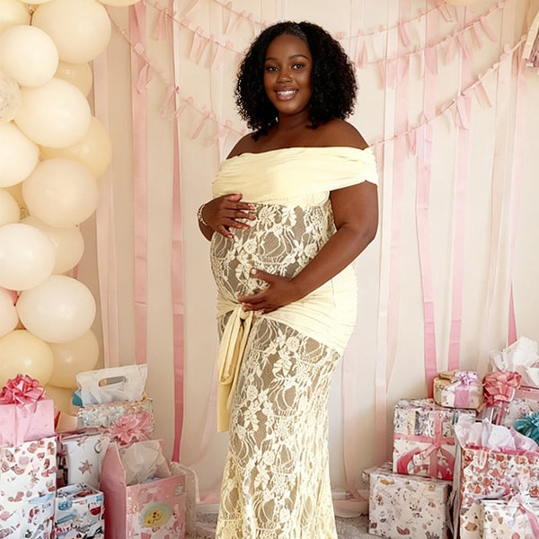 Momnfancy Boat Neck Lace Ruched Splicing Print Baby Shower Maternity Maxi Dress
