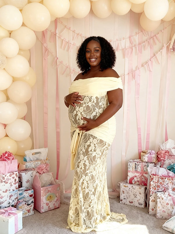 Momnfancy Boat Neck Lace Ruched Splicing Print Baby Shower Maternity Maxi Dress