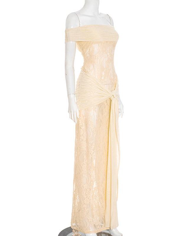 Momnfancy Boat Neck Lace Ruched Splicing Print Baby Shower Maternity Maxi Dress