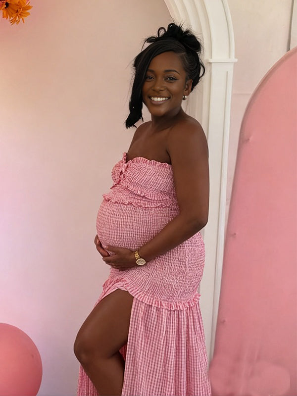 Momnfancy Tube Top Flannel Big Swing Baby Shower Maternity Maxi Dress