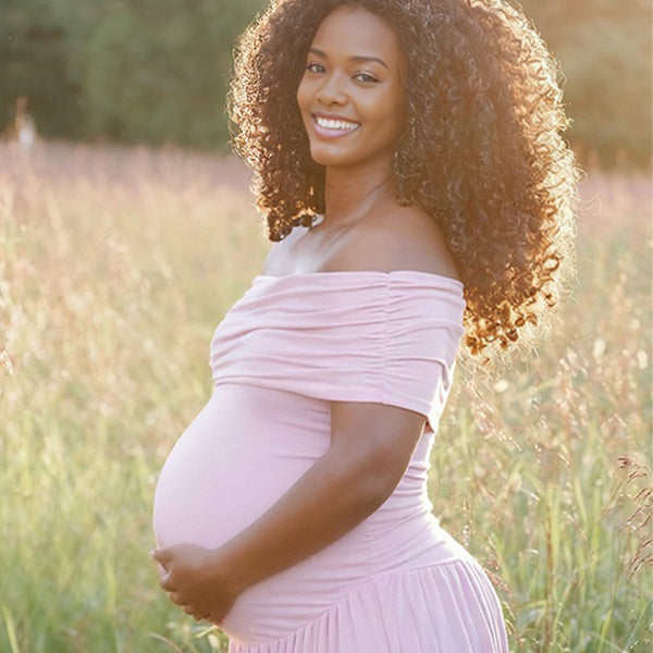 Momnfancy Boat Neck Off-shoulder Ruched Baby Shower Ruched Maternity Maxi Dress