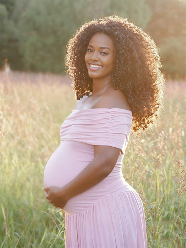 Momnfancy Boat Neck Off-shoulder Ruched Baby Shower Ruched Maternity Maxi Dress