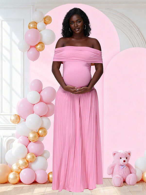 Momnfancy Boat Neck Off-shoulder Ruched Baby Shower Ruched Maternity Maxi Dress