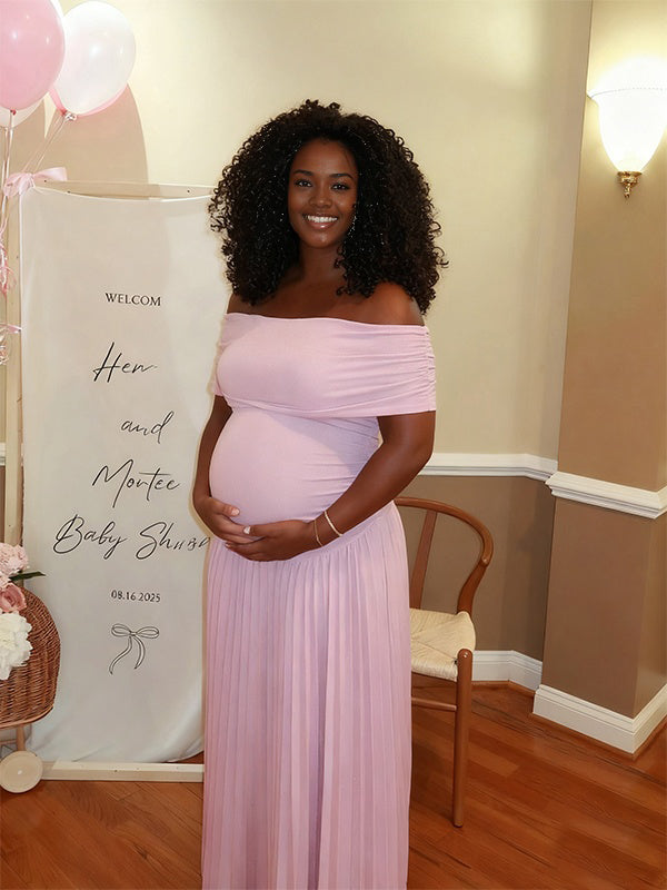 Momnfancy Boat Neck Off-shoulder Ruched Baby Shower Ruched Maternity Maxi Dress