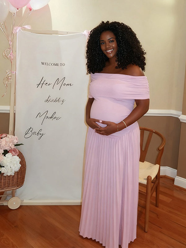 Momnfancy Boat Neck Off-shoulder Ruched Baby Shower Ruched Maternity Maxi Dress