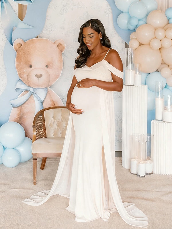 Momnfancy Spaghetti Strap Lace Trailing Baby Shower Maternity Maxi Dress