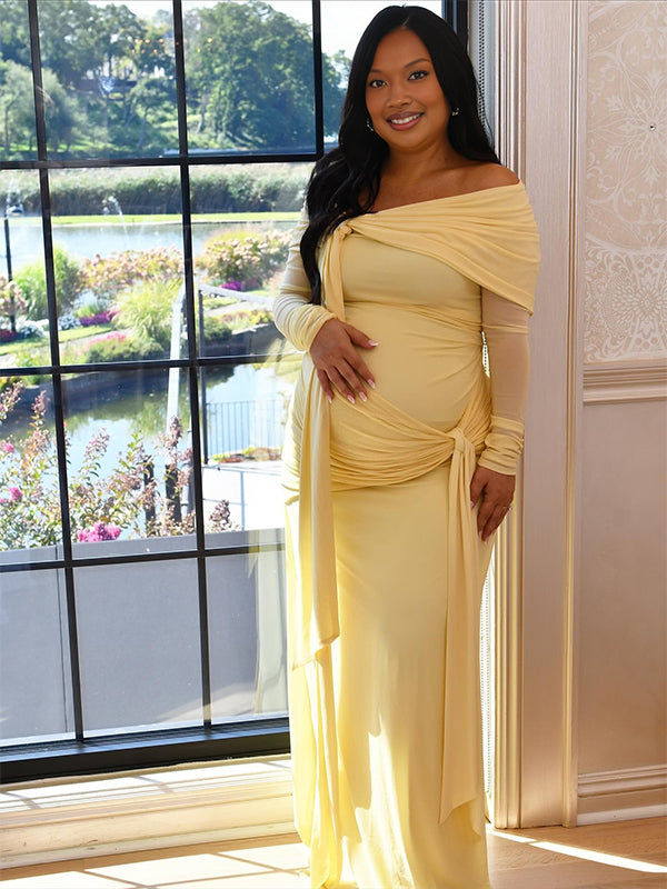 Momnfancy Boat Neck Ruched Bodycon Sheer Twist Photoshoot Maternity Maxi Dress