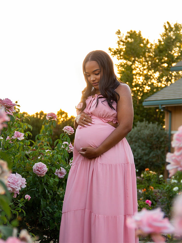 Momnfancy Spaghetti Strap Cut-out Splicing Photoshoot Maternity Maxi Dress