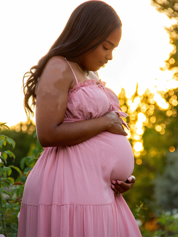 Momnfancy Spaghetti Strap Cut-out Splicing Photoshoot Maternity Maxi Dress