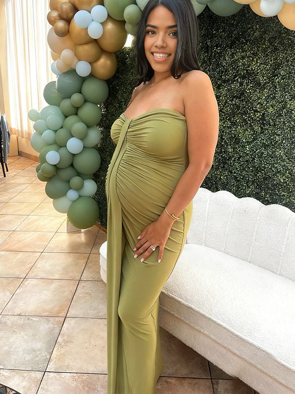 Momnfancy Tube Top Bodycon Ruched Ribbon Baby Shower Maternity Maxi Dress