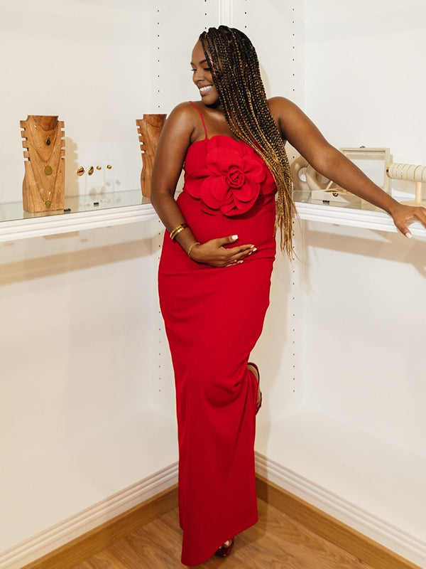 Momnfancy Spaghetti Strap 3D-flowers Bodycon Evening Gowns Baby Shower Maternity Maxi Dress