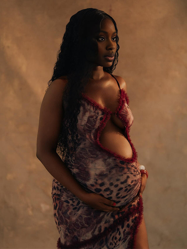 Momnfancy Spaghetti Strap Cut-out Side Slit Floral Photoshoot Maternity Maxi Dress