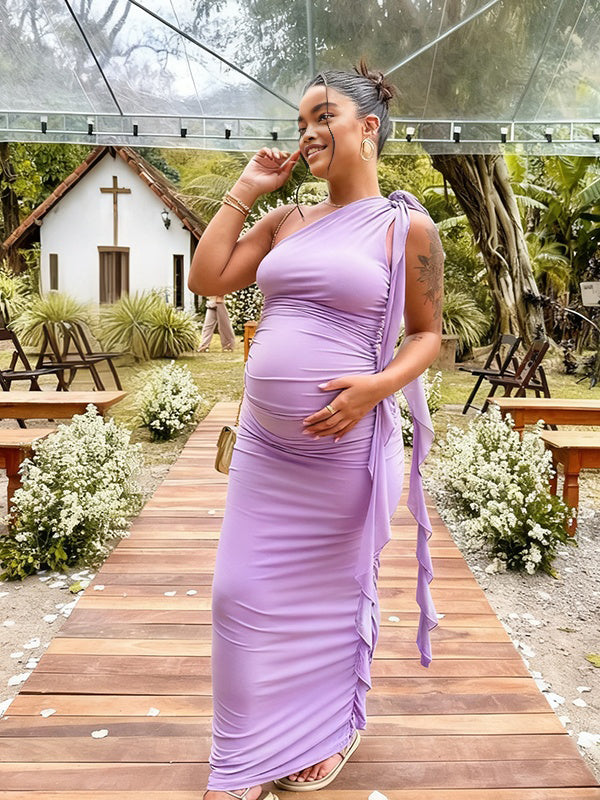 Momnfancy Halter Neck Ribbon Bodycon Ruched Baby Shower Maternity Maxi Dress