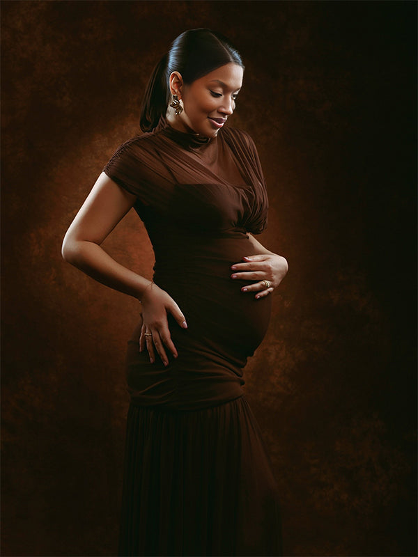 Momnfancy Sheer Ruched Tulle Splicing Waist-cinching Photoshoot Maternity Maxi Dress