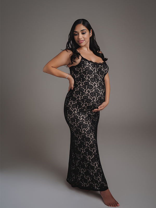 Momnfancy Open Back Lace Spaghetti Strap Bodycon Photoshoot Maternity Maxi Dress