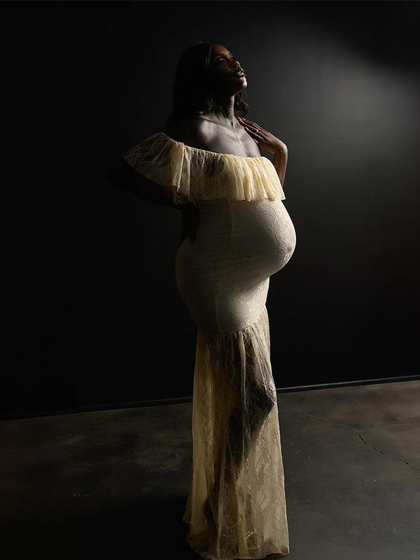 Momnfancy Boat Neck Lace Mermaid Trailing Evening Gowns Photoshoot Maternity Maxi Dress