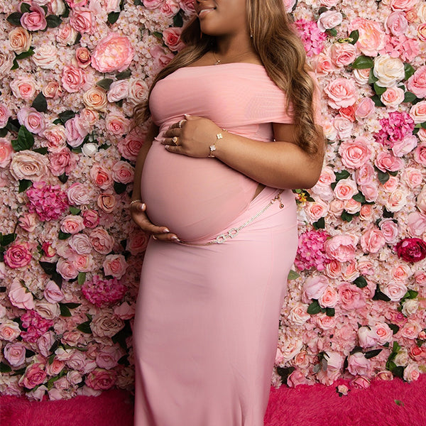 Momnfancy Boat Neck Tulle Sheer Ruched Mermaid Baby Shower Maternity Maxi Dress