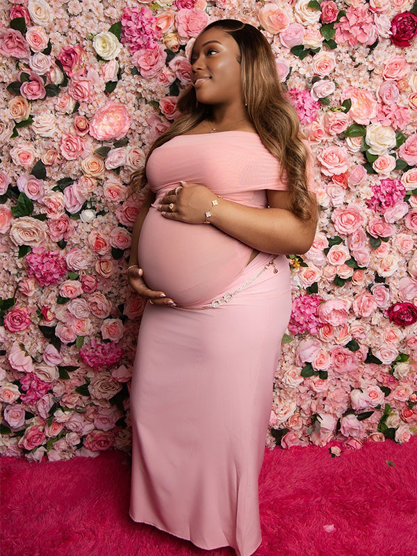 Momnfancy Boat Neck Tulle Sheer Ruched Mermaid Baby Shower Maternity Maxi Dress