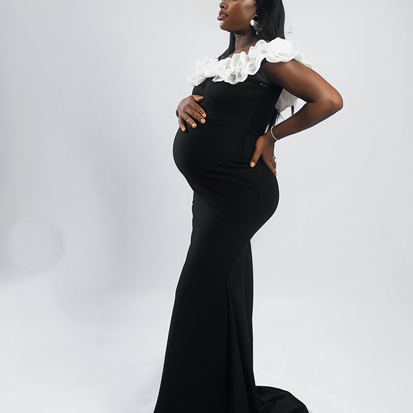 Momnfancy Boat Neck 3D-flowers Bodycon Trailing Photoshoot Maternity Maxi Dress