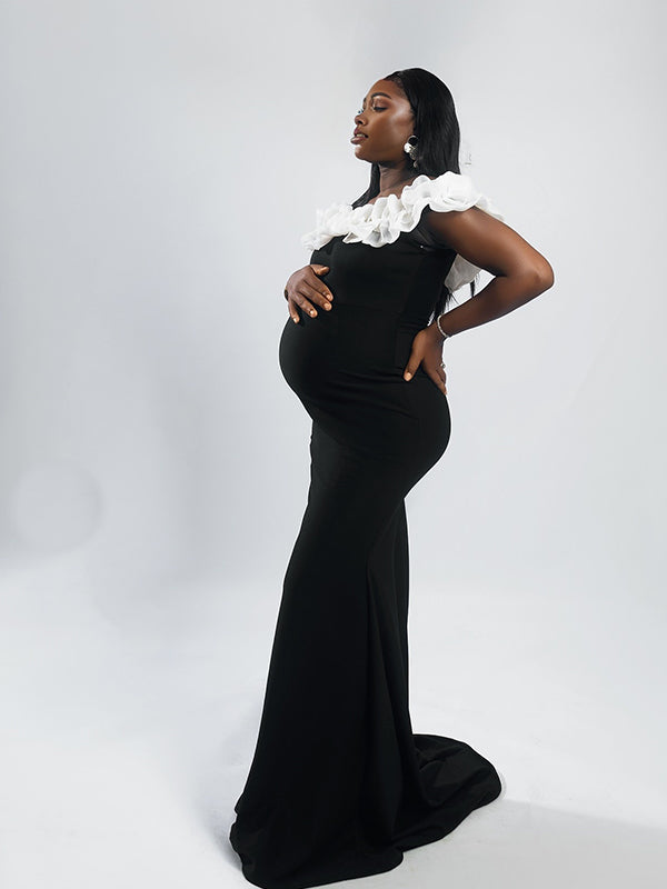 Momnfancy Boat Neck 3D-flowers Bodycon Trailing Photoshoot Maternity Maxi Dress