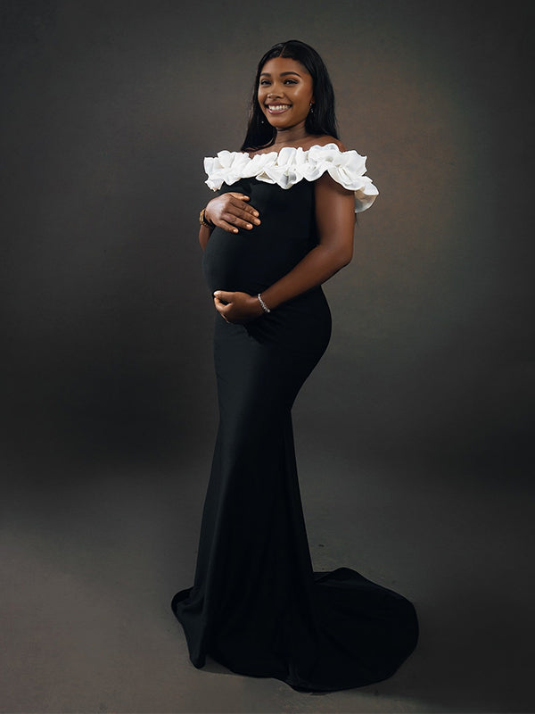 Momnfancy Boat Neck 3D-flowers Bodycon Trailing Photoshoot Maternity Maxi Dress