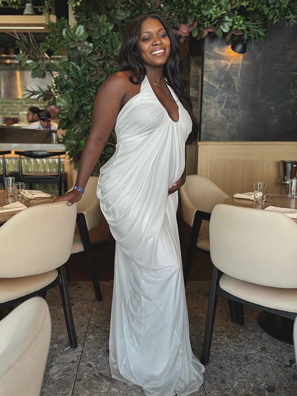 Momnfancy Open Back Plunging Neckline Ruched Halter Neck Maternity Maxi Dress
