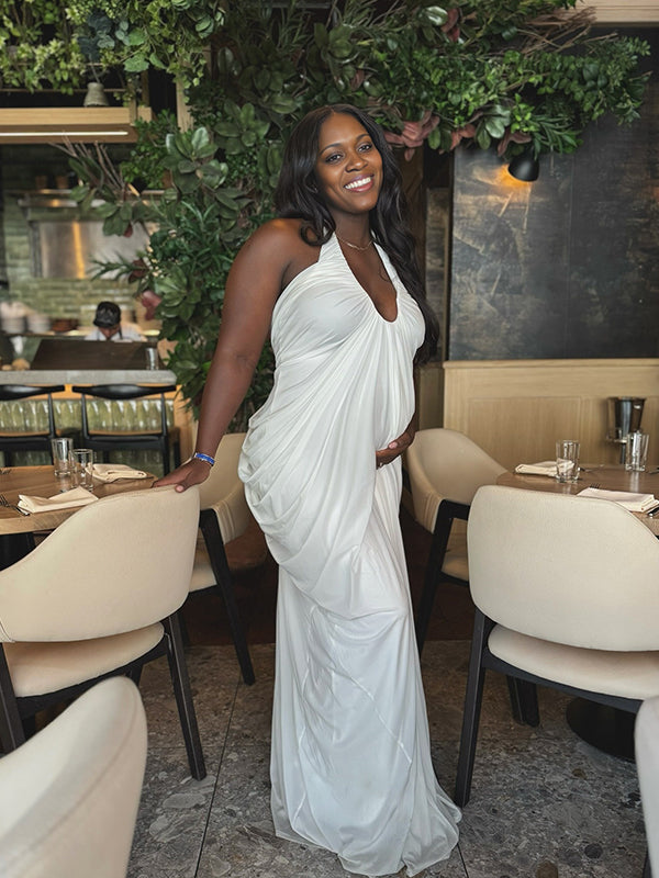 Momnfancy Open Back Plunging Neckline Ruched Halter Neck Maternity Maxi Dress