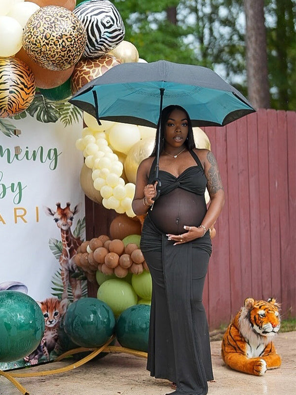 Momnfancy Halter Neck Sheer Tube Top Ribbon Mermaid Baby Shower Casual Maternity Maxi Dress