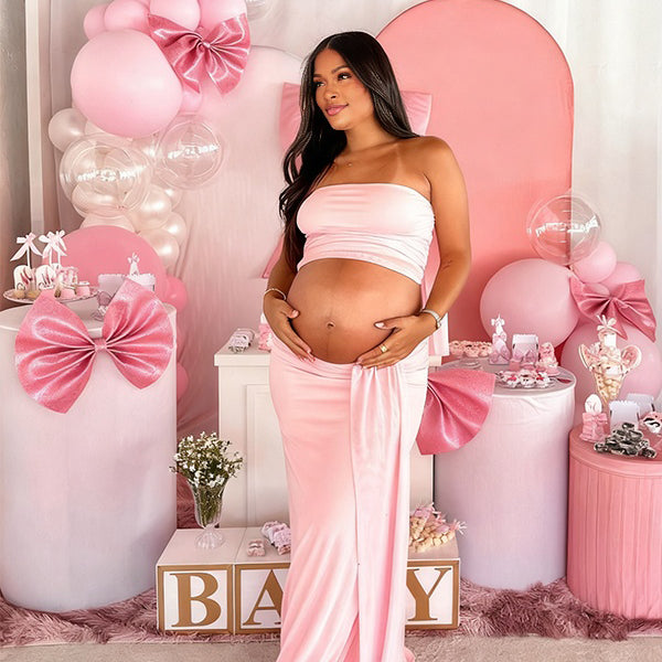 Momnfancy 2-in-1 Tube Top Ribbon Bodycon Crop Baby Shower Maternity Maxi Dress