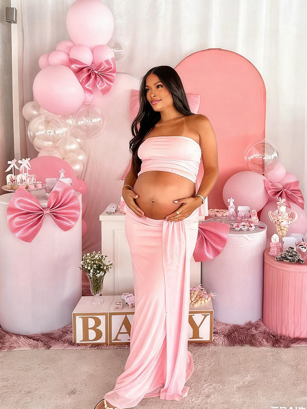 Momnfancy 2-in-1 Tube Top Ribbon Bodycon Crop Baby Shower Maternity Maxi Dress