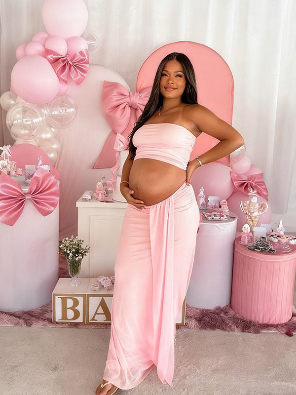 Momnfancy 2-in-1 Tube Top Ribbon Bodycon Crop Baby Shower Maternity Maxi Dress