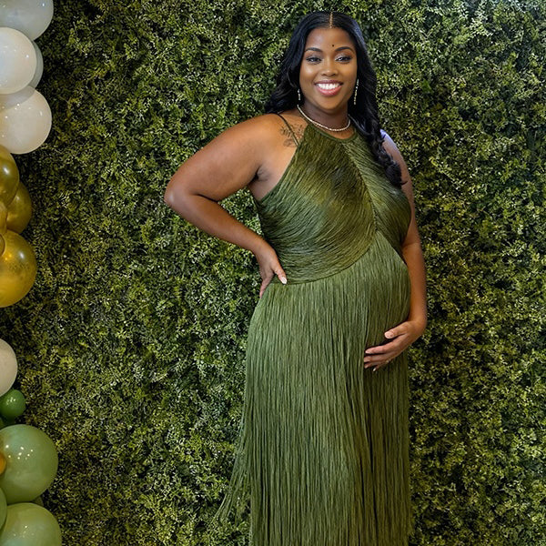 Momnfancy Tassel Halter Neck Off-shoulder Party Photoshoot Maternity Maxi Dress