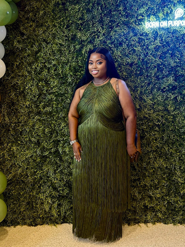 Momnfancy Tassel Halter Neck Off-shoulder Party Photoshoot Maternity Maxi Dress